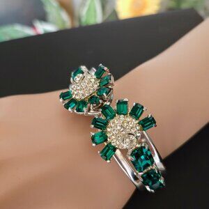 Vintage Emerald Green Rhinestone Art Deco Style Hinged Clamper Bracelet